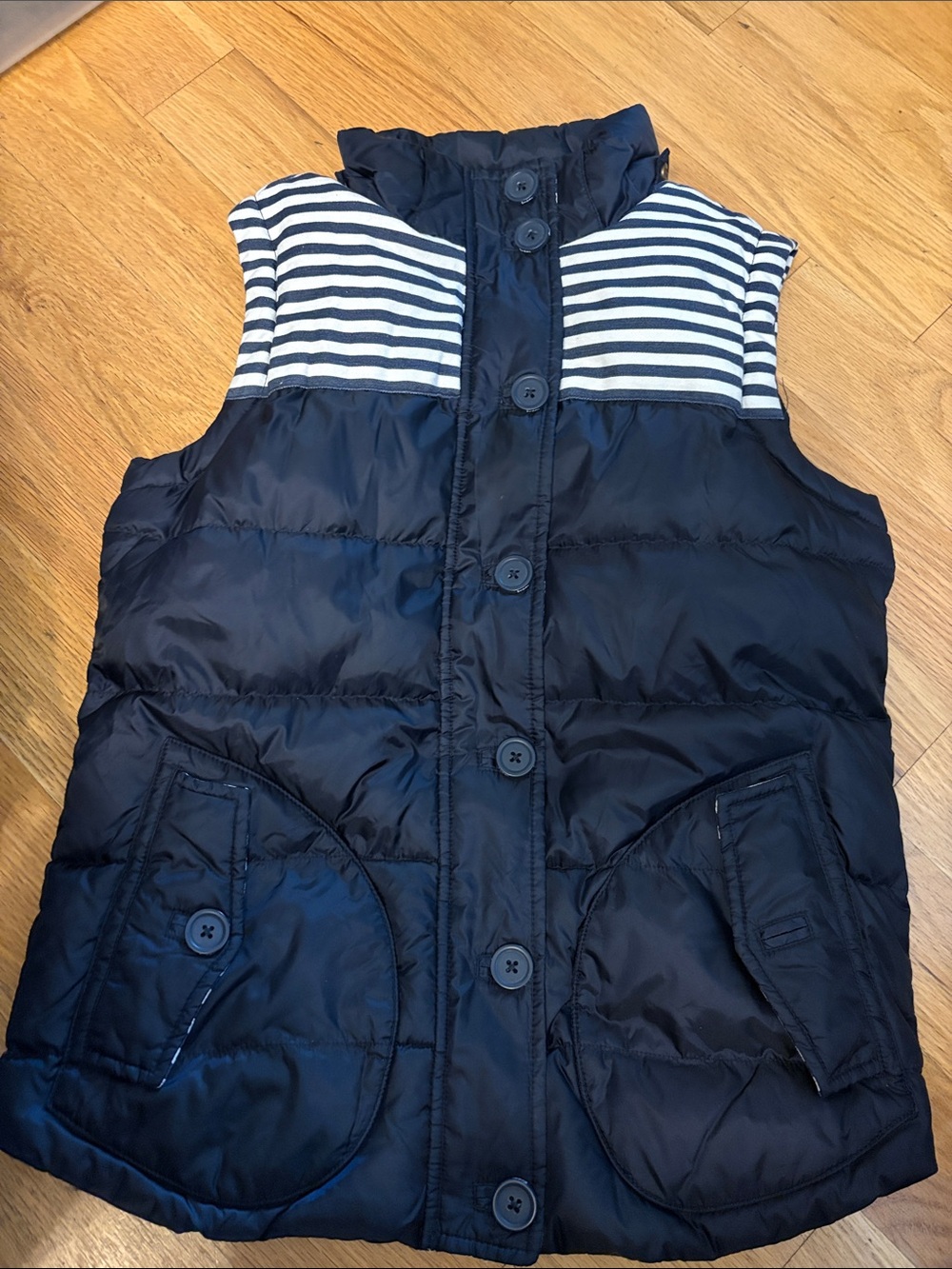 Boden Navy Puffer Vest with White Striped Yoke